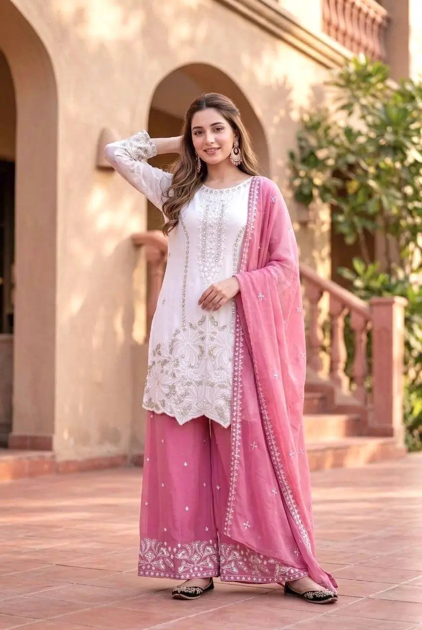 Embroidered Georgette Palazzo Suit for Festive and Wedding Occasions