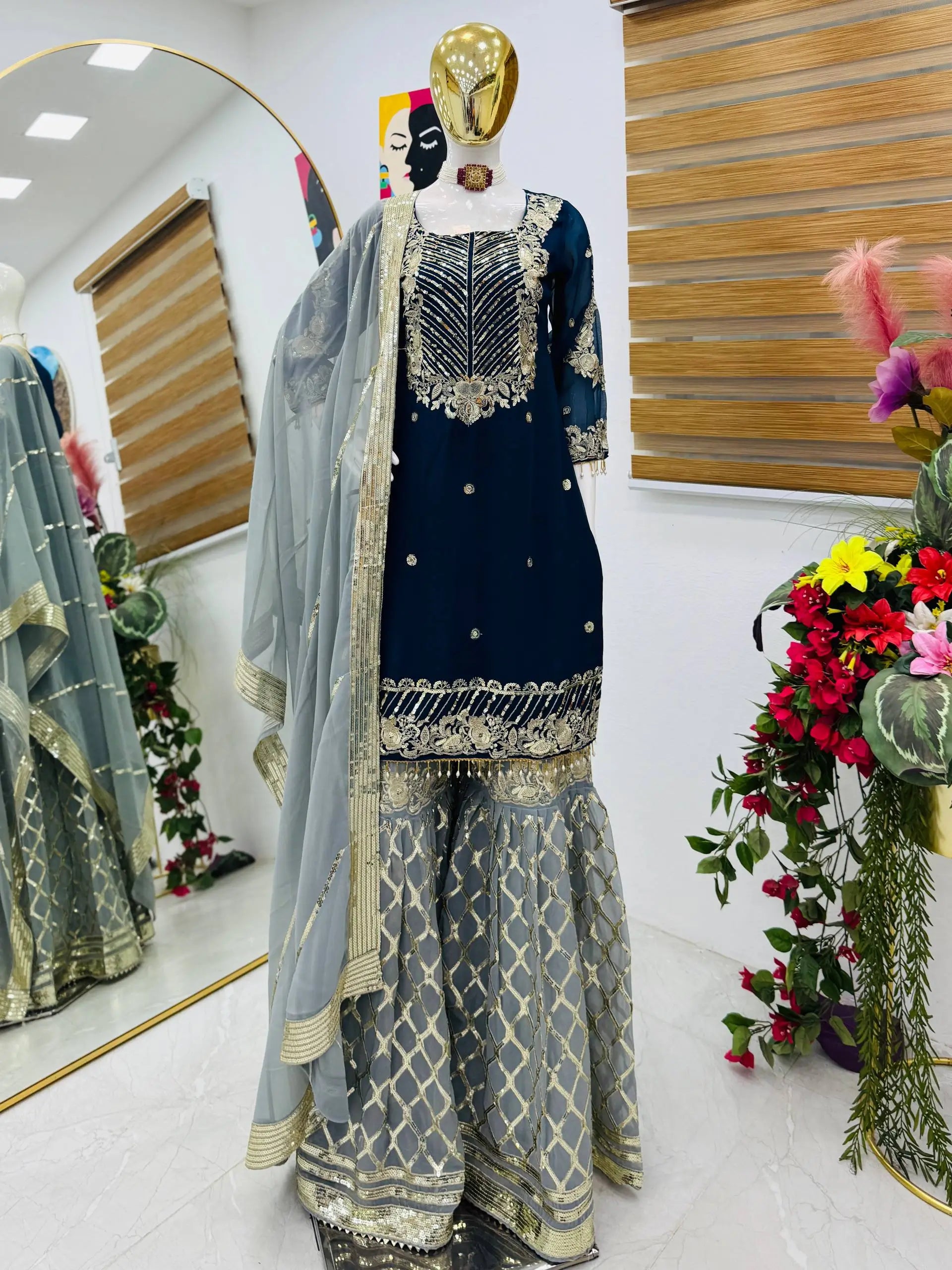 Embroidered Georgette Palazzo Suit with Dupatta