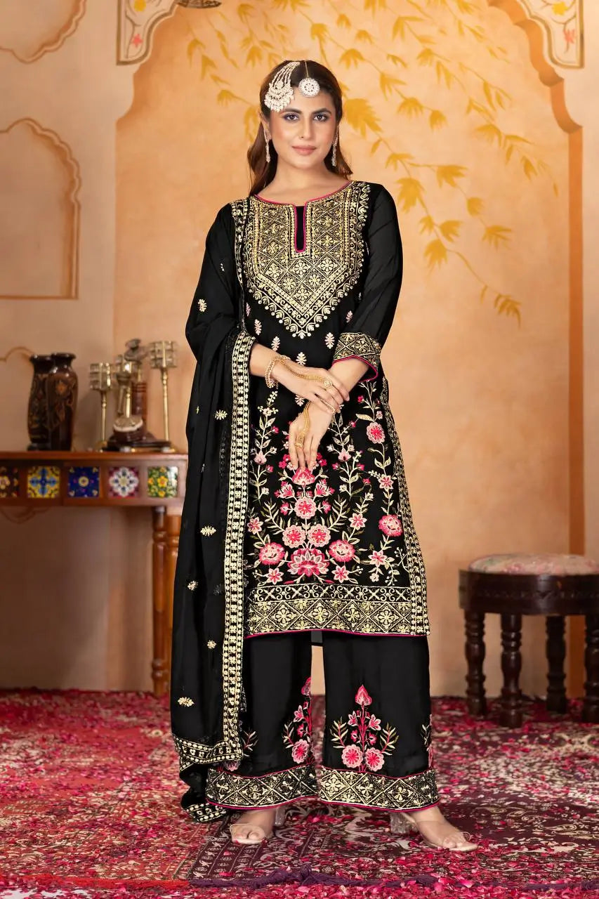 Embroidered Georgette Palazzo Suit with Dupatta