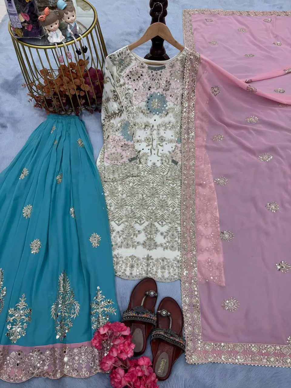 Embroidered Georgette Palazzo Suit with Mirror Work