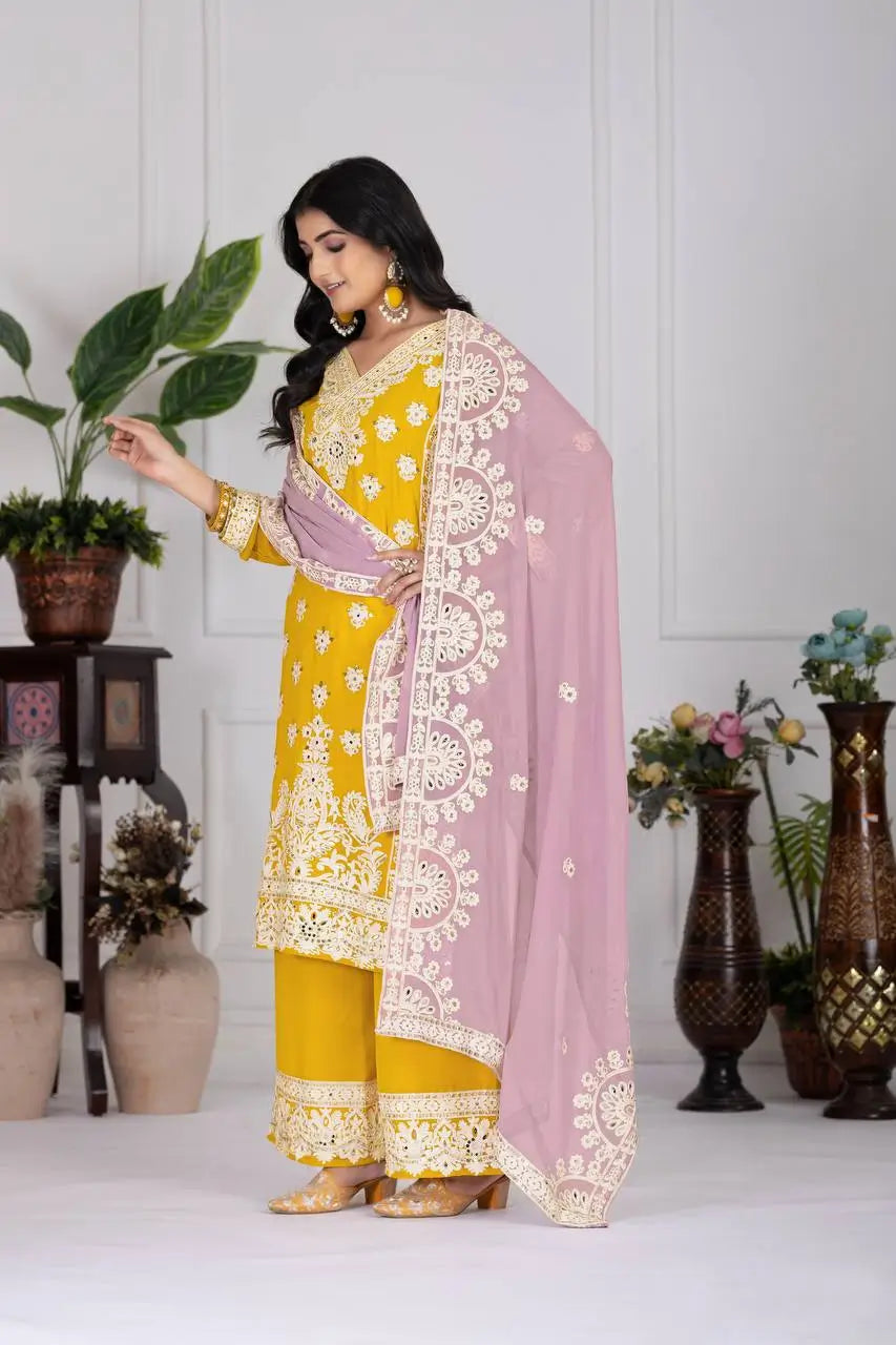 Embroidered Georgette Palazzo Suit with Mirror Work