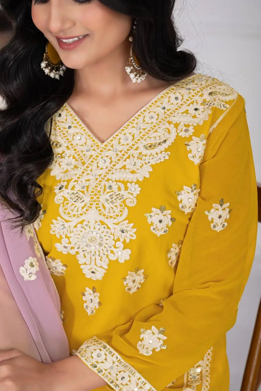 Embroidered Georgette Palazzo Suit with Mirror Work