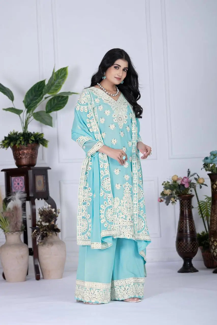 Embroidered Georgette Palazzo Suit with Mirror Work