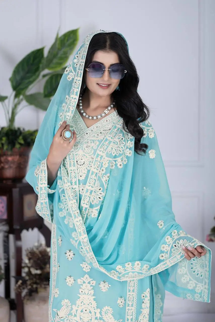 Embroidered Georgette Palazzo Suit with Mirror Work