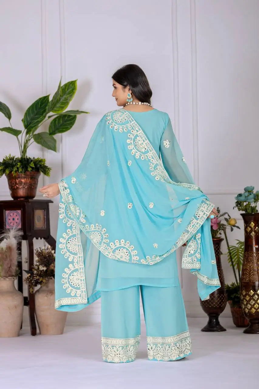Embroidered Georgette Palazzo Suit with Mirror Work