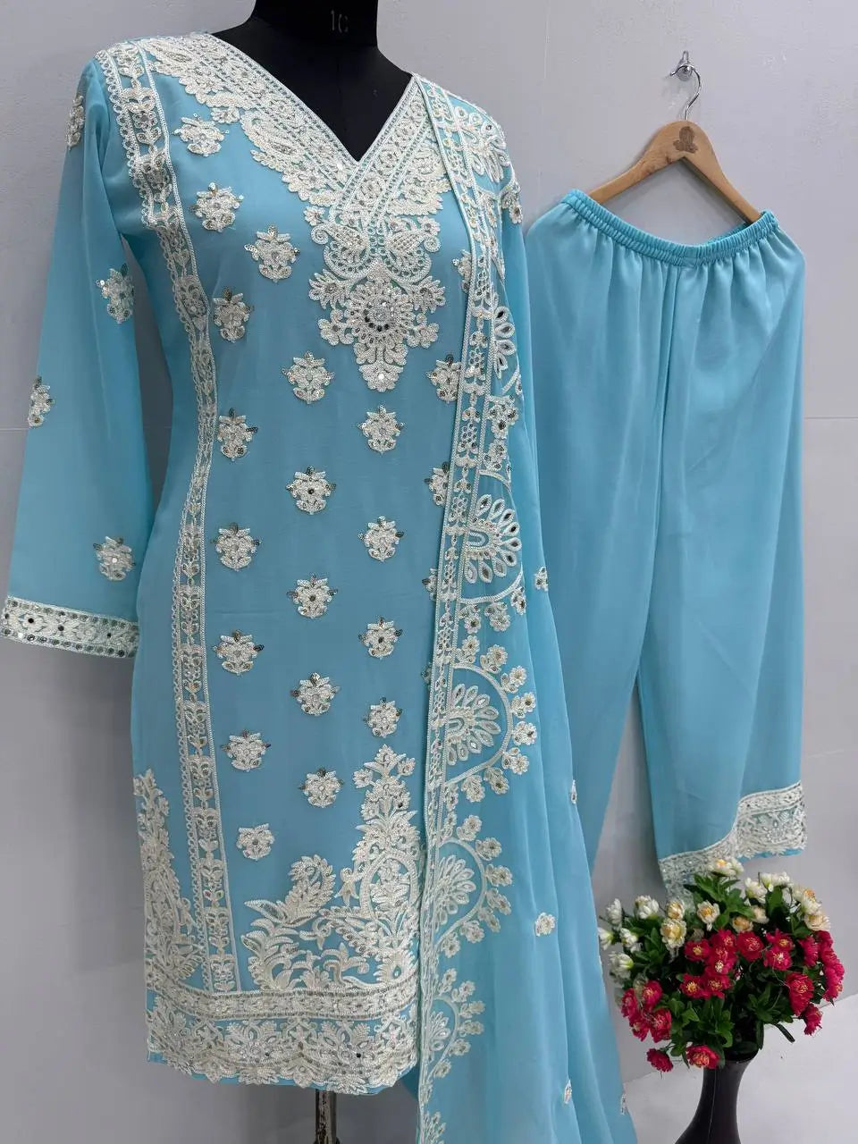 Embroidered Georgette Palazzo Suit with Mirror Work