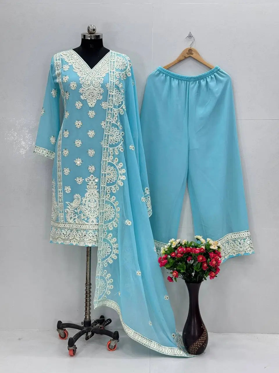 Embroidered Georgette Palazzo Suit with Mirror Work