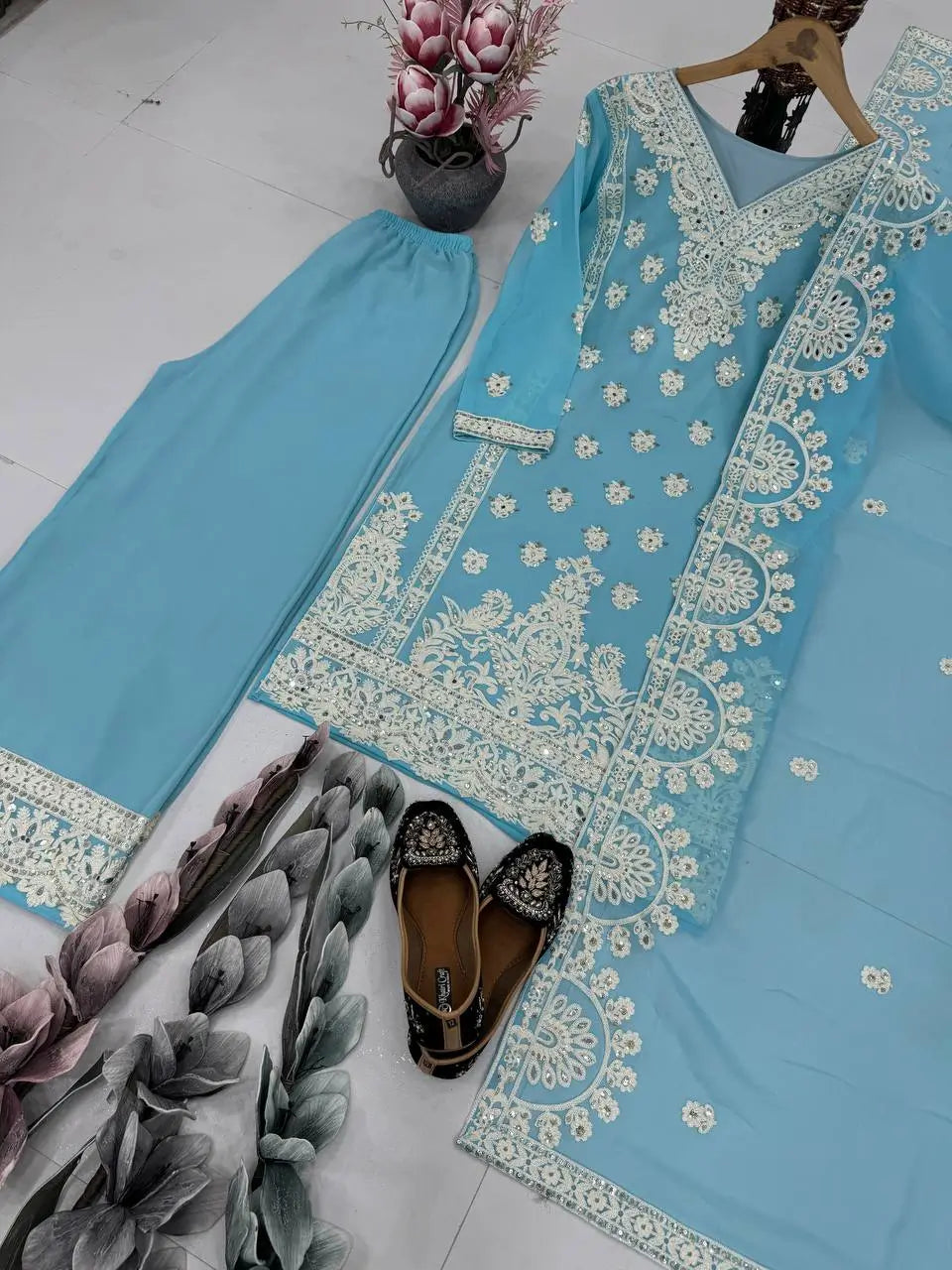 Embroidered Georgette Palazzo Suit with Mirror Work
