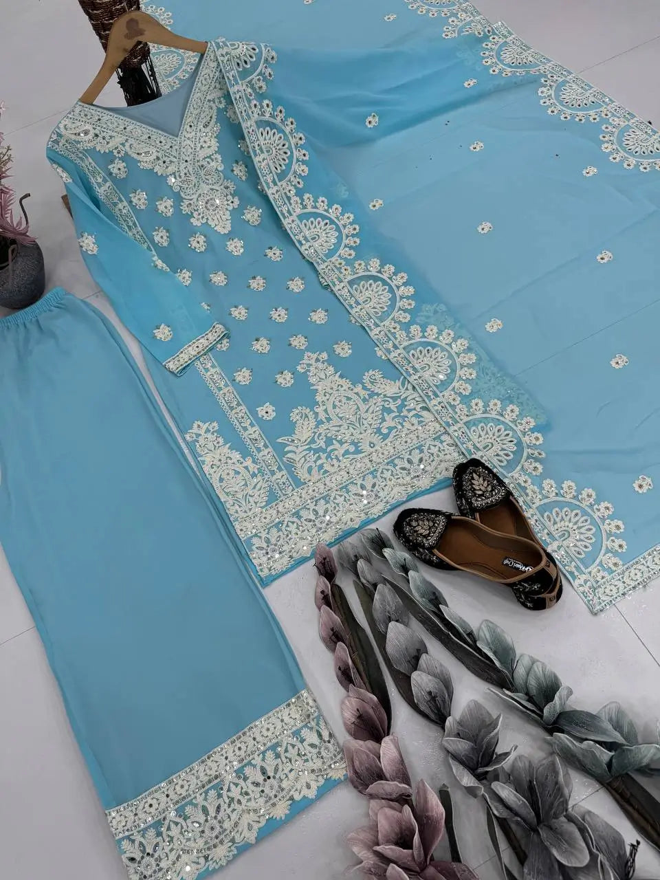 Embroidered Georgette Palazzo Suit with Mirror Work
