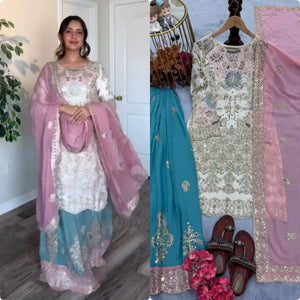 Embroidered Georgette Palazzo Suit with Mirror Work