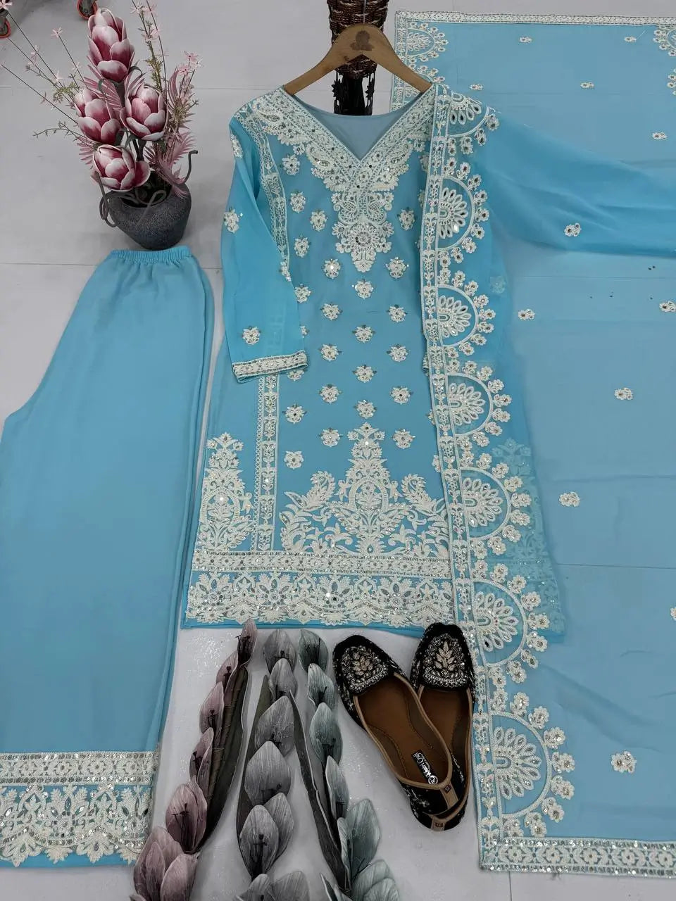 Embroidered Georgette Palazzo Suit with Mirror Work