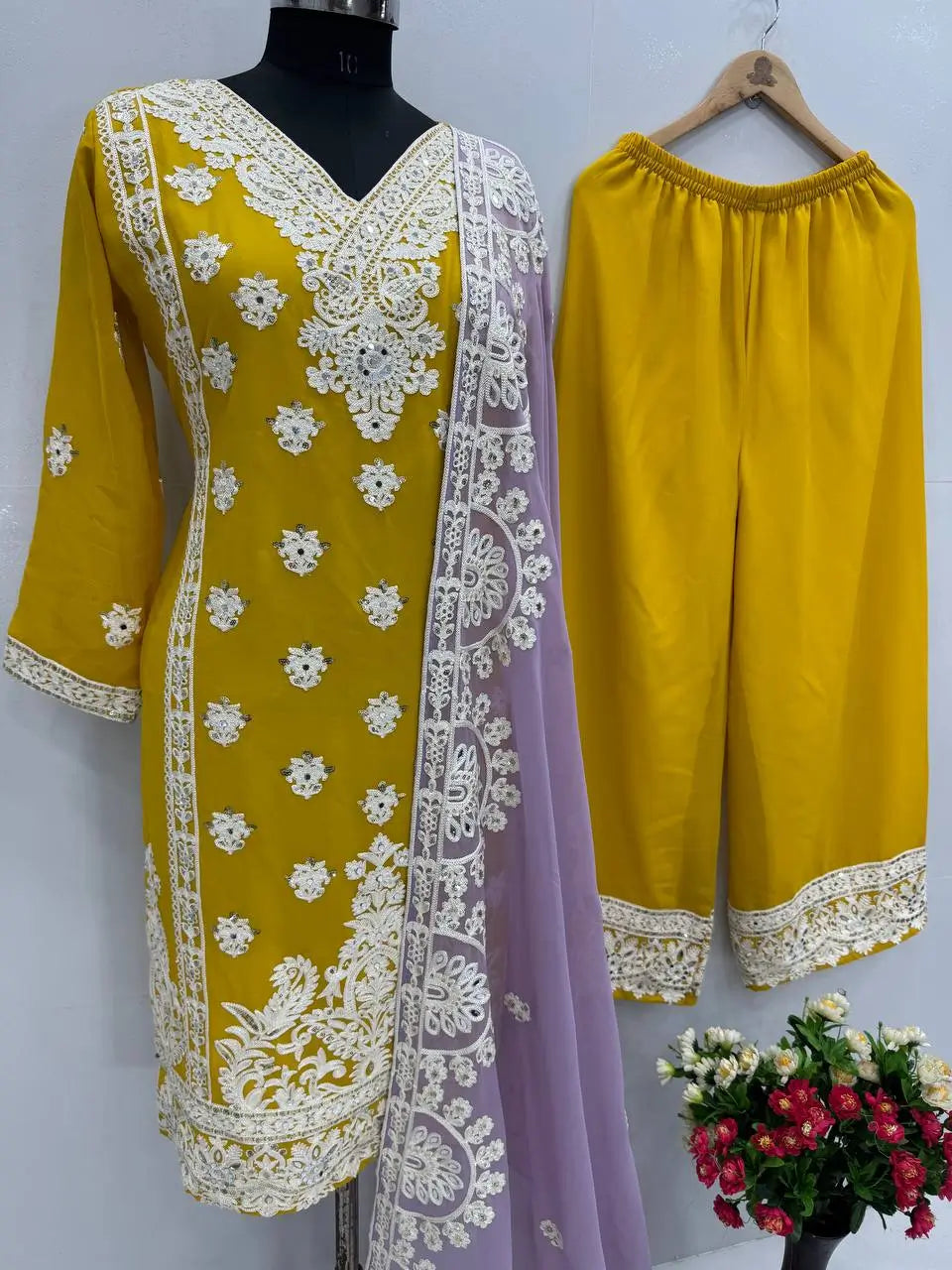 Embroidered Georgette Palazzo Suit with Mirror Work
