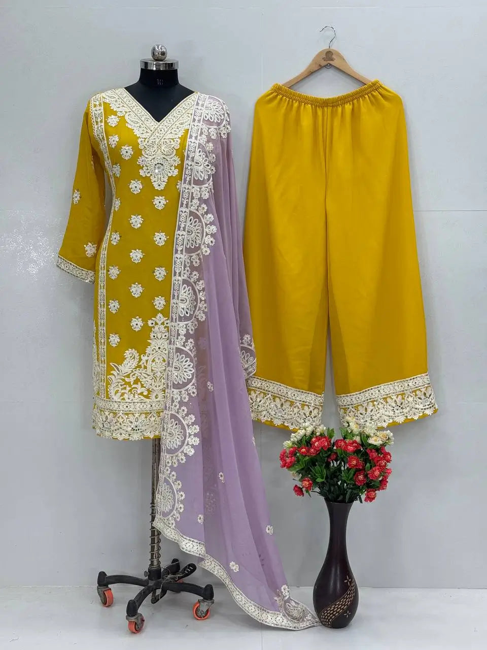 Embroidered Georgette Palazzo Suit with Mirror Work