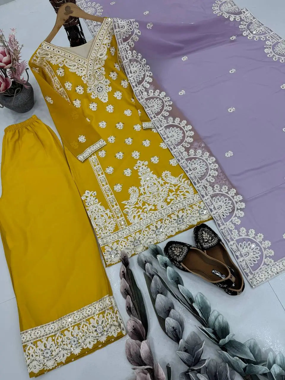 Embroidered Georgette Palazzo Suit with Mirror Work