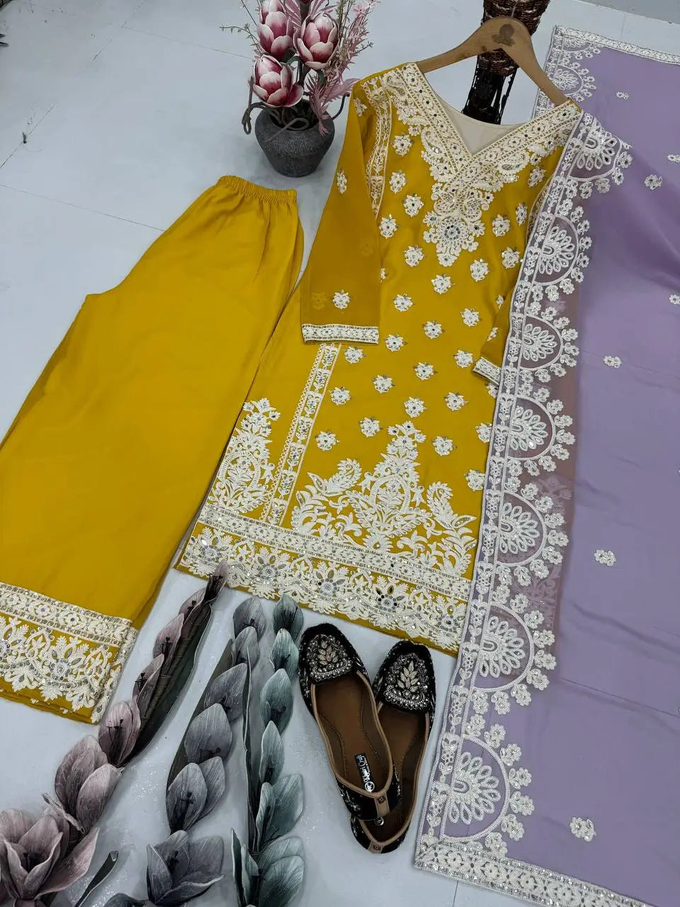 Embroidered Georgette Palazzo Suit with Mirror Work
