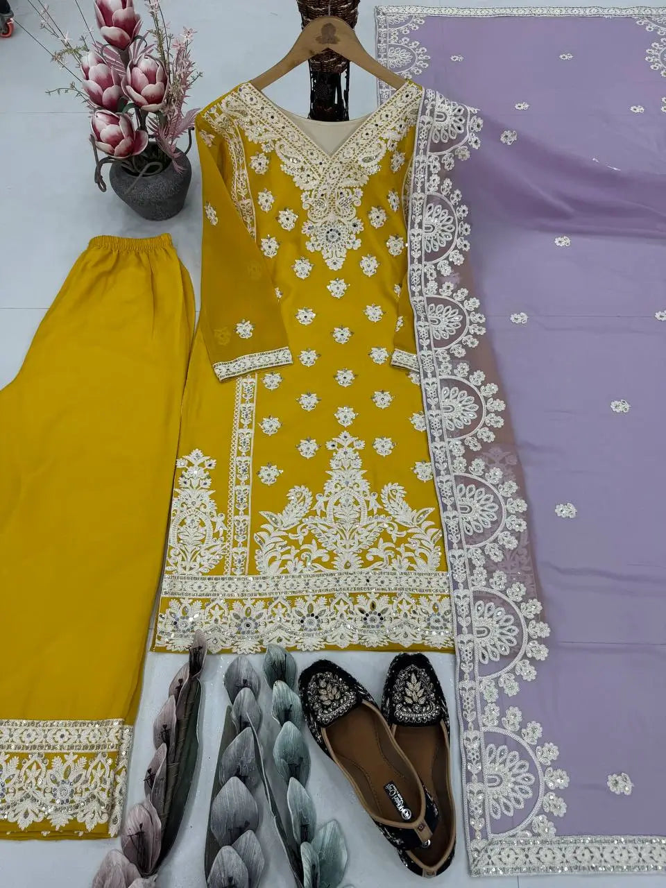 Embroidered Georgette Palazzo Suit with Mirror Work