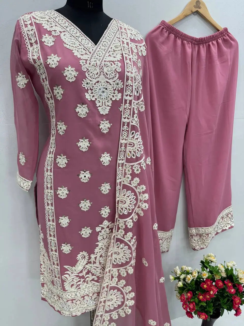 Embroidered Georgette Palazzo Suit with Mirror Work