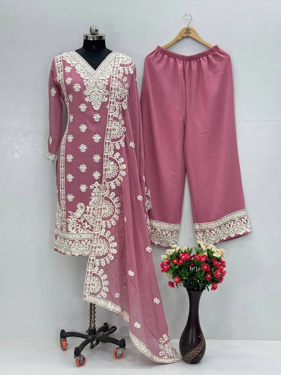 Embroidered Georgette Palazzo Suit with Mirror Work