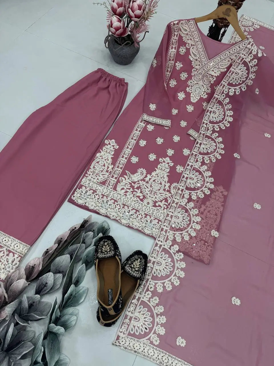 Embroidered Georgette Palazzo Suit with Mirror Work