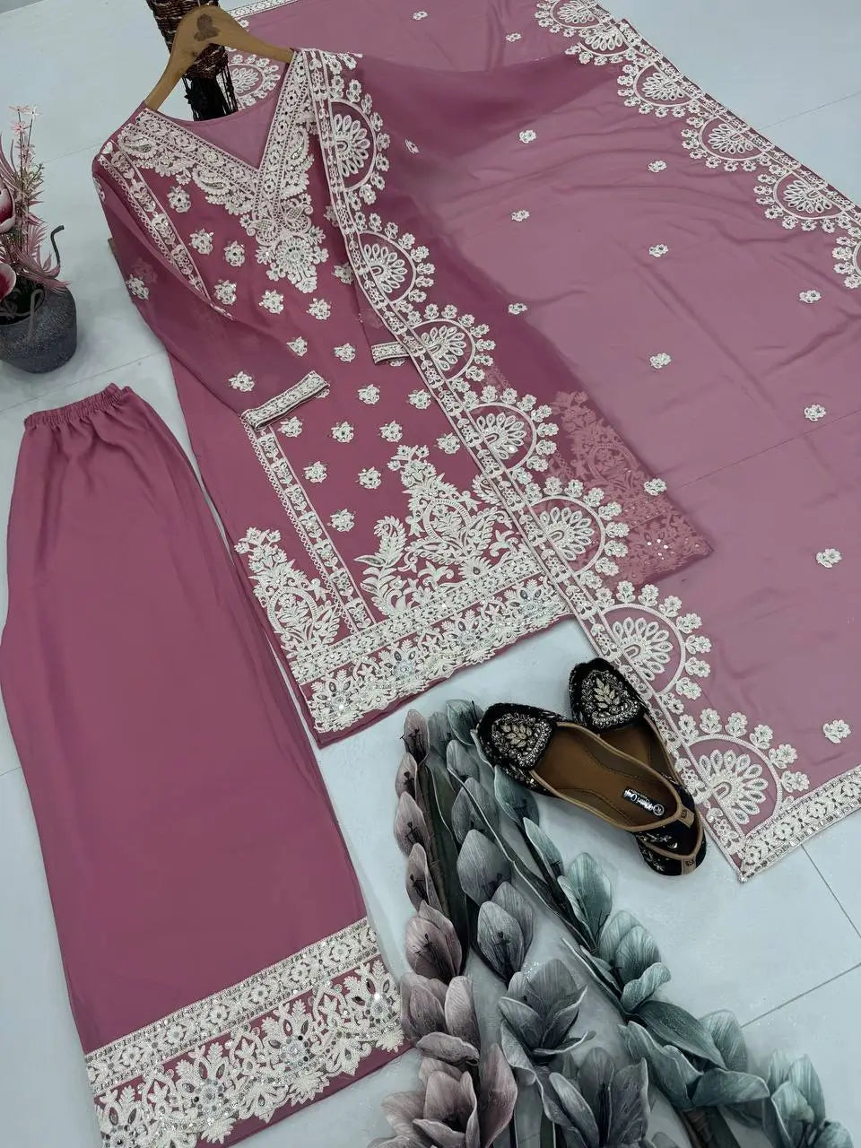 Embroidered Georgette Palazzo Suit with Mirror Work
