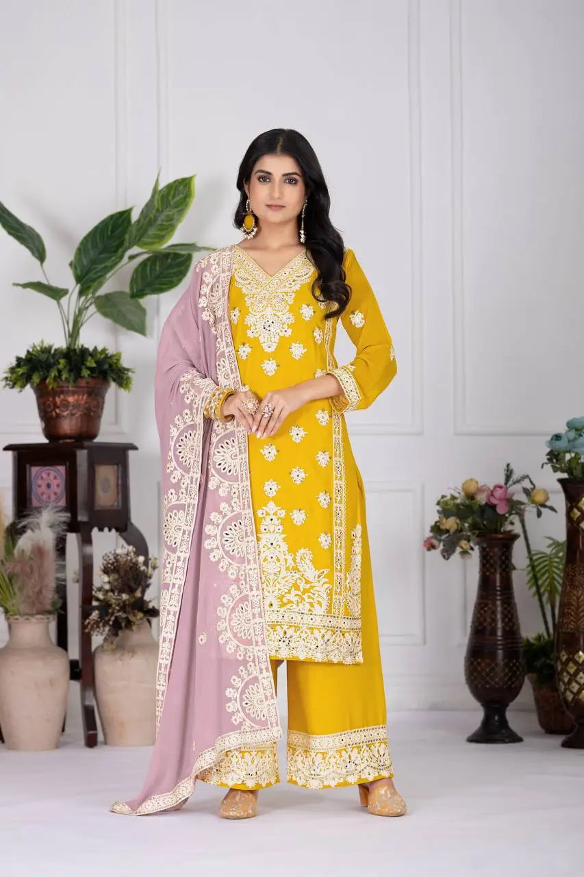 Embroidered Georgette Palazzo Suit with Mirror Work