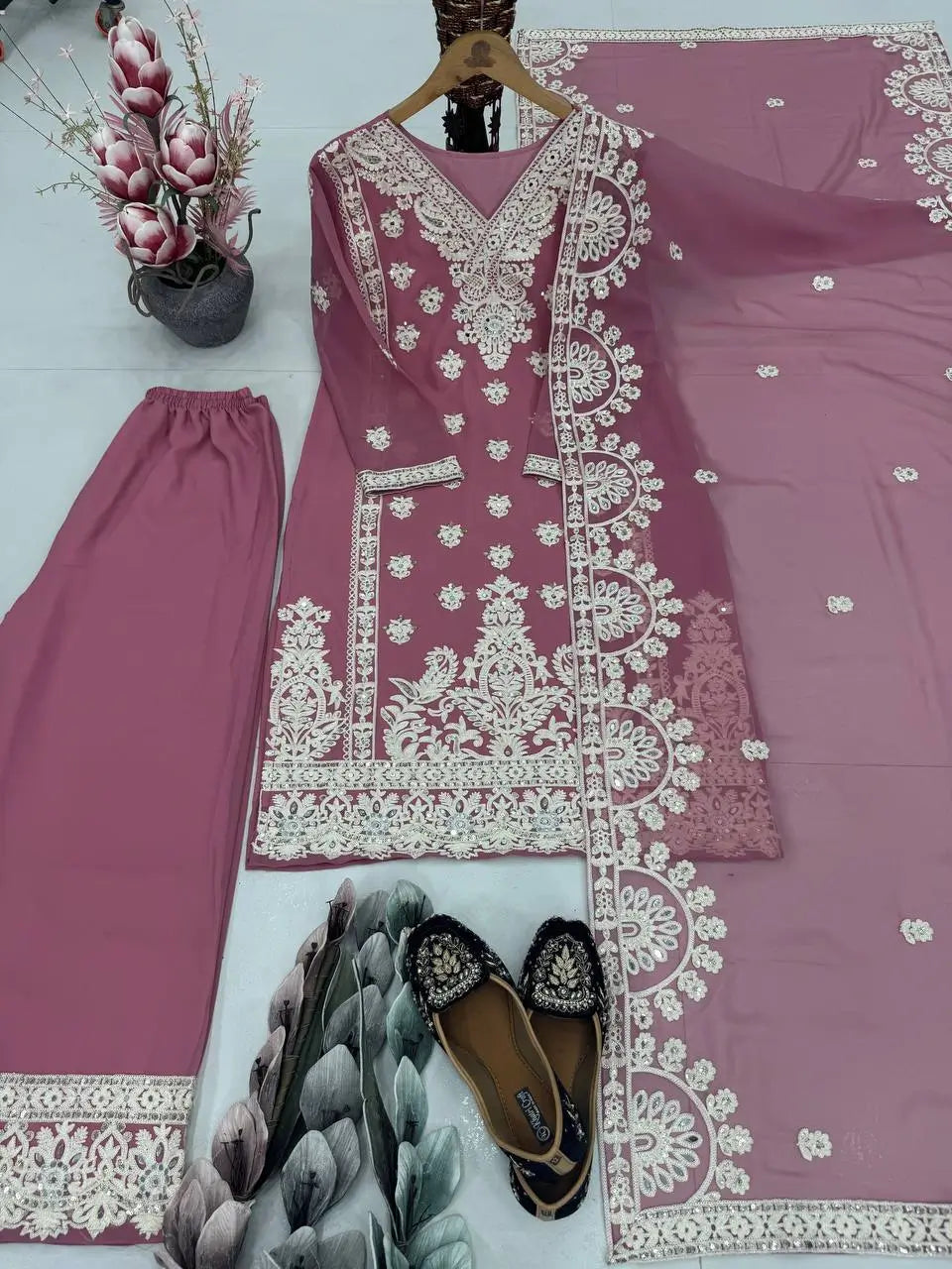 Embroidered Georgette Palazzo Suit with Mirror Work