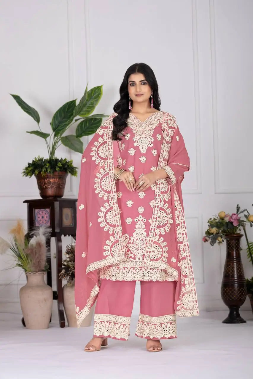 Embroidered Georgette Palazzo Suit with Mirror Work