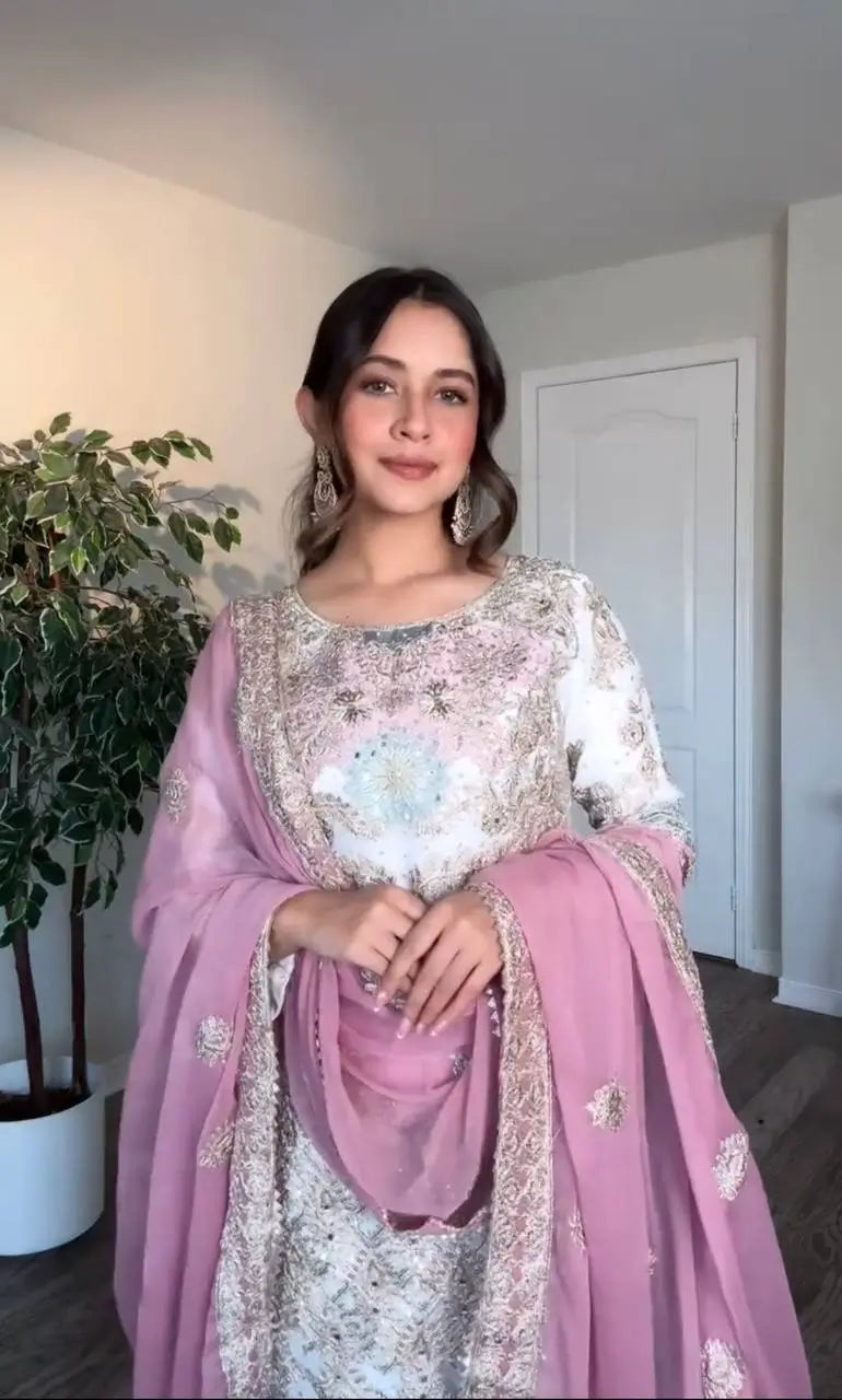 Embroidered Georgette Palazzo Suit with Mirror Work
