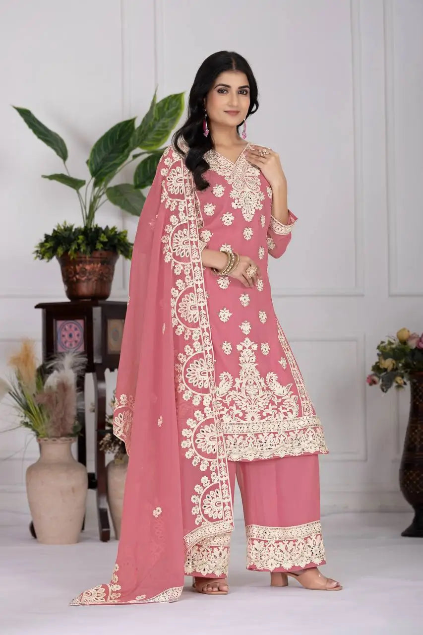 Embroidered Georgette Palazzo Suit with Mirror Work