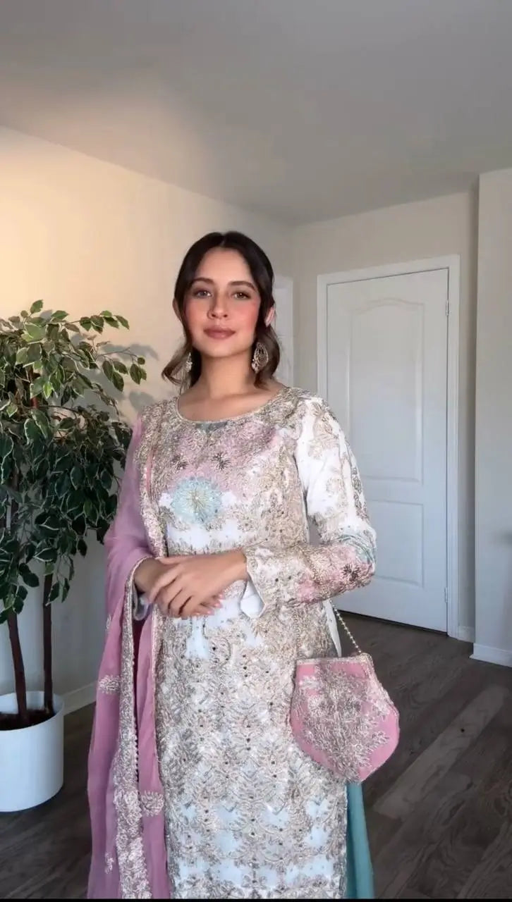 Embroidered Georgette Palazzo Suit with Mirror Work