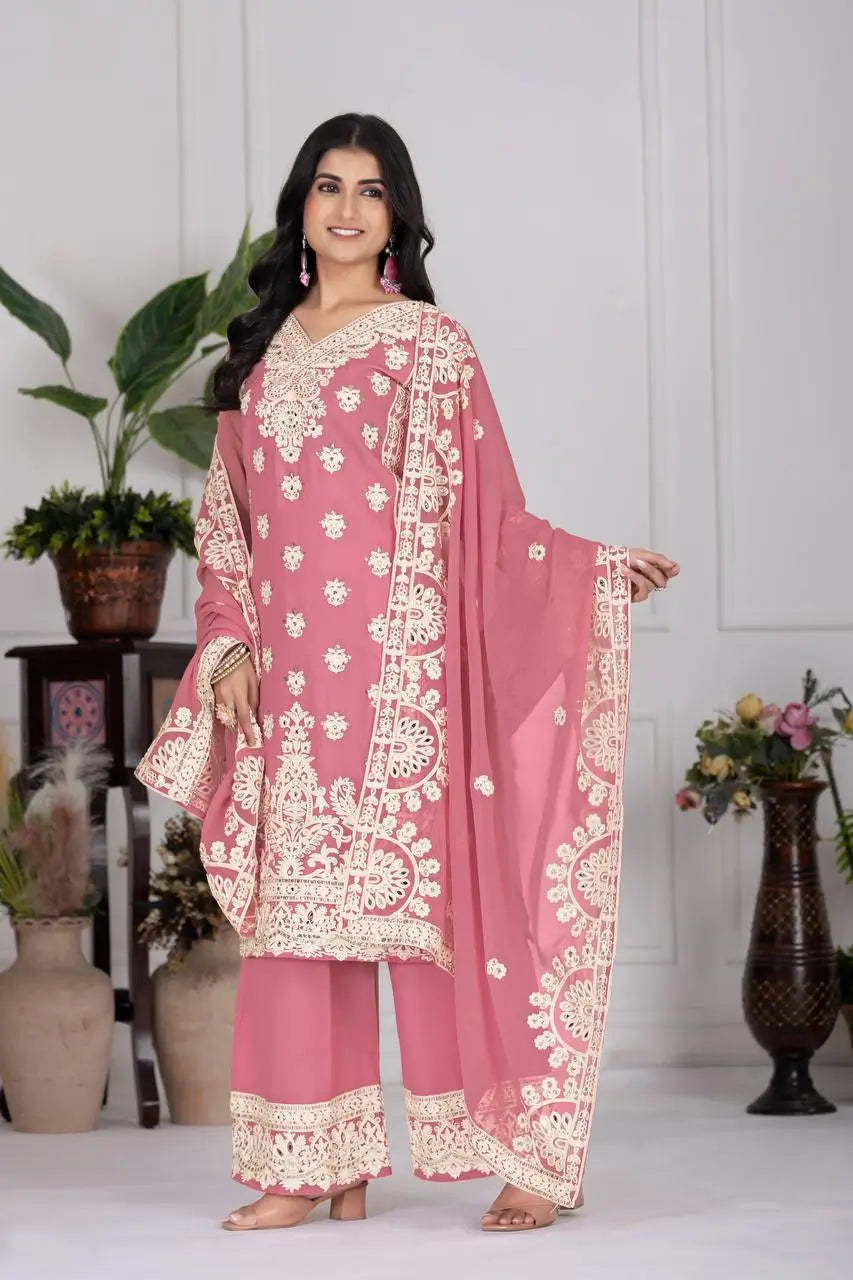 Embroidered Georgette Palazzo Suit with Mirror Work