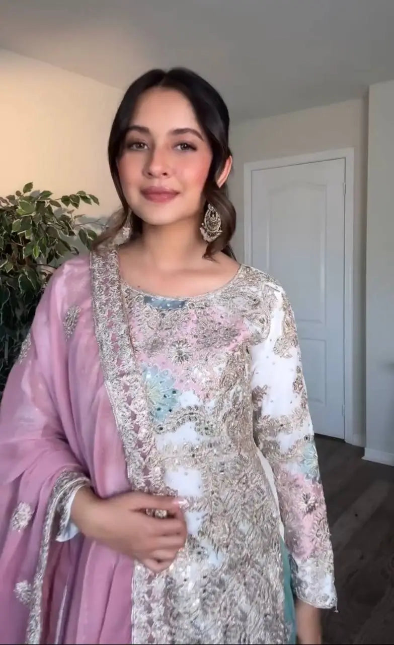Embroidered Georgette Palazzo Suit with Mirror Work