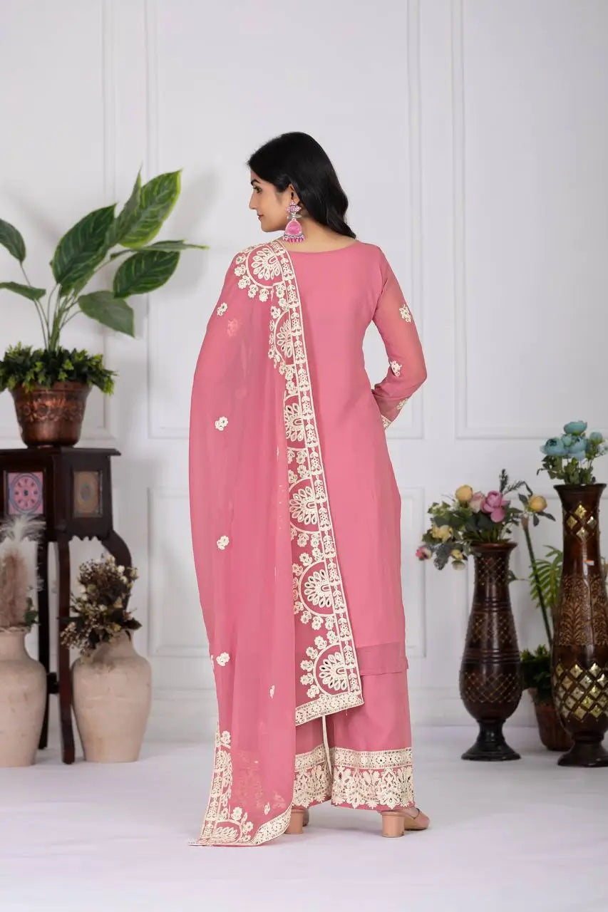Embroidered Georgette Palazzo Suit with Mirror Work