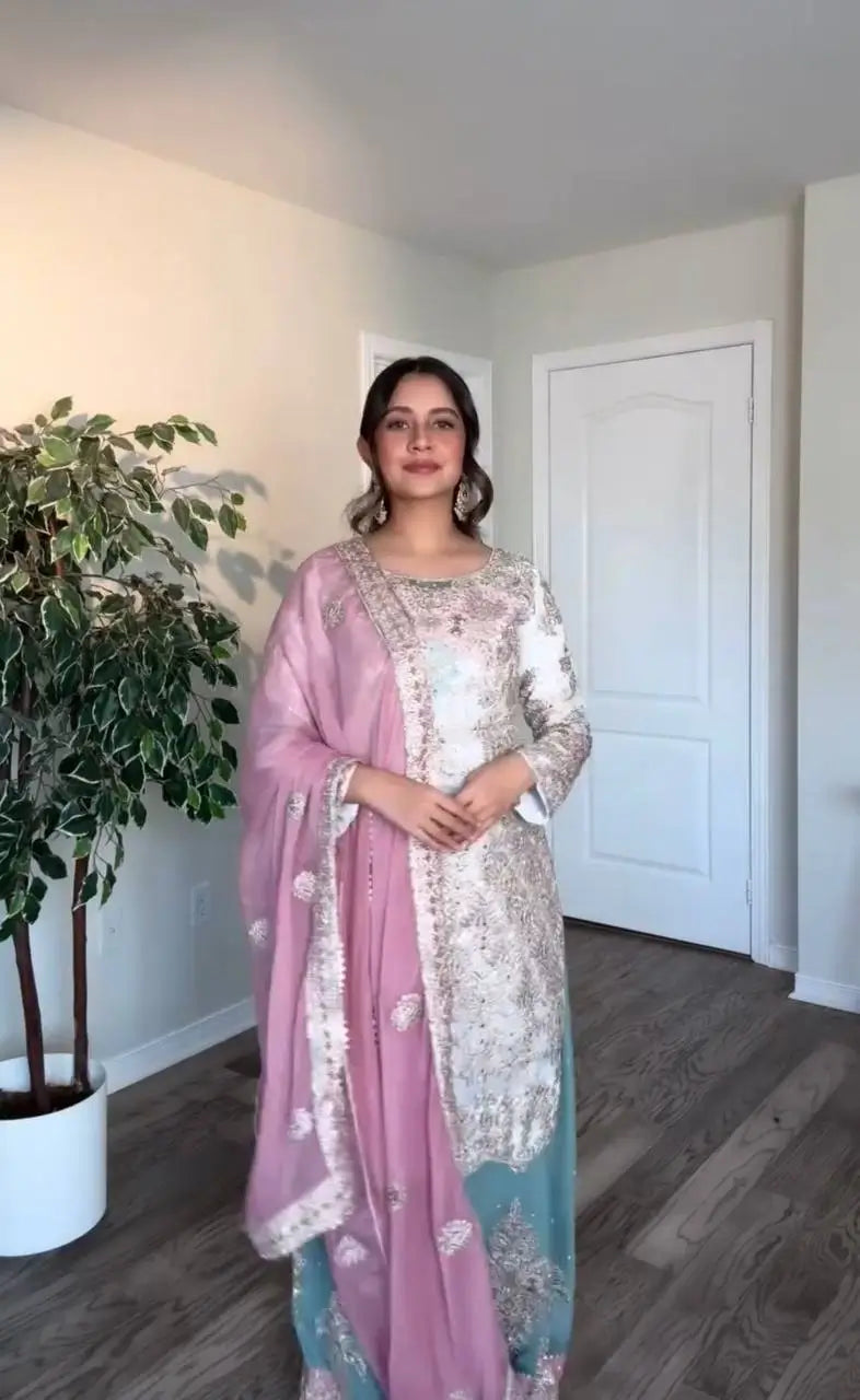 Embroidered Georgette Palazzo Suit with Mirror Work