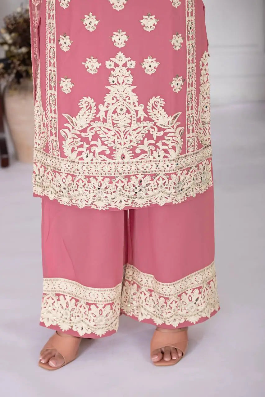 Embroidered Georgette Palazzo Suit with Mirror Work