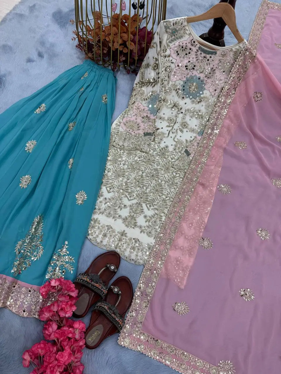 Embroidered Georgette Palazzo Suit with Mirror Work