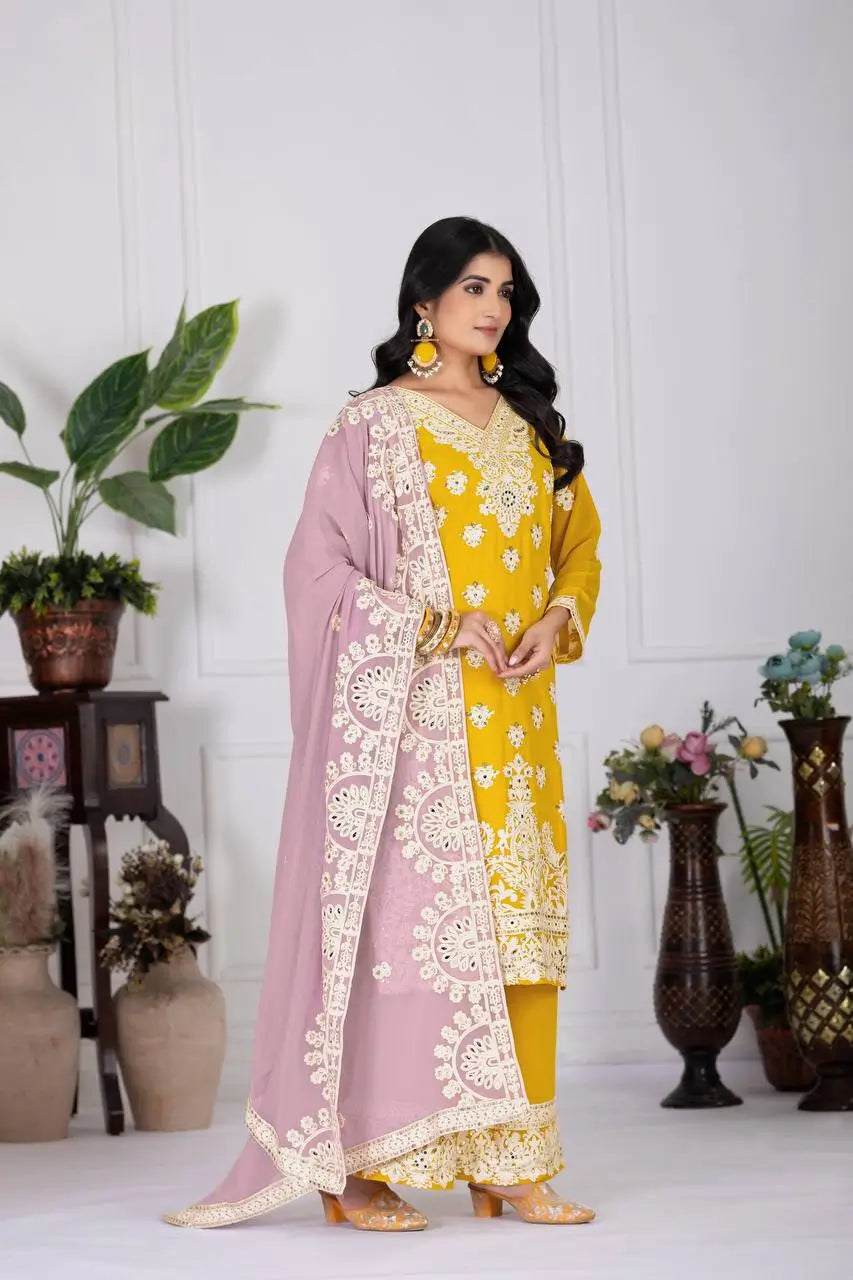 Embroidered Georgette Palazzo Suit with Mirror Work