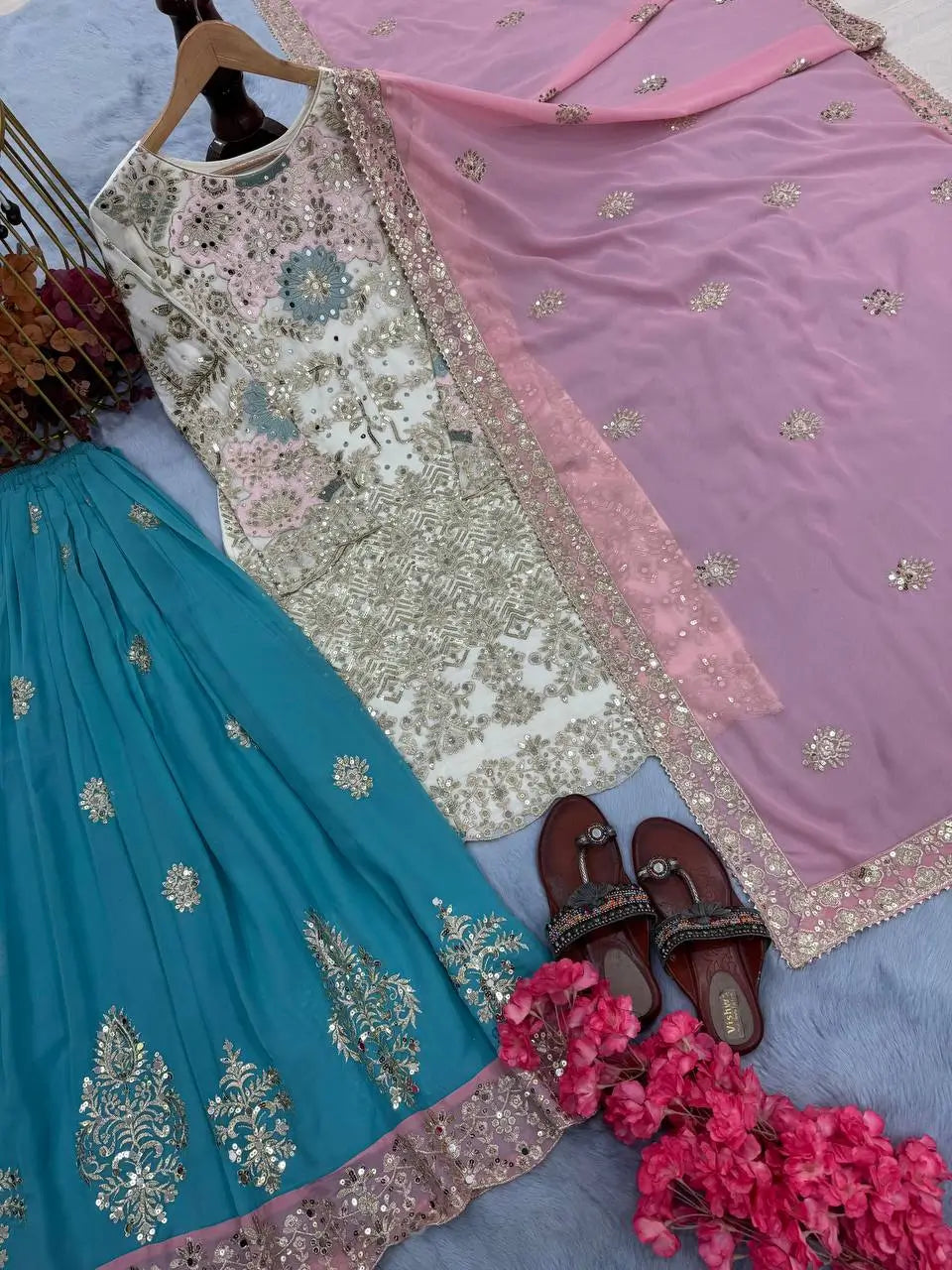 Embroidered Georgette Palazzo Suit with Mirror Work