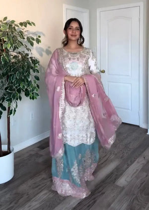 Embroidered Georgette Palazzo Suit with Mirror Work