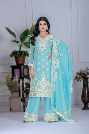 Embroidered Georgette Palazzo Suit with Mirror Work