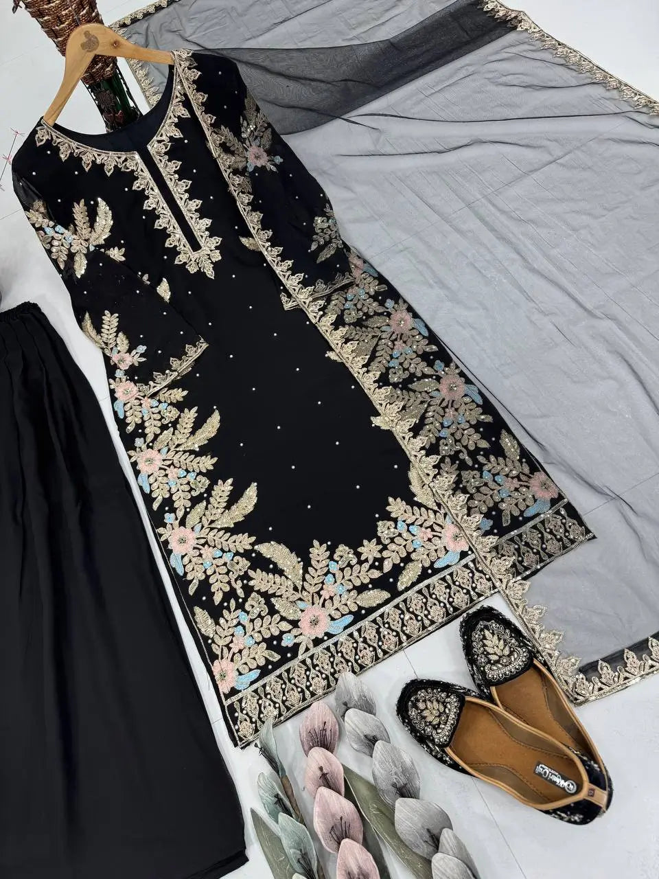 Embroidered Georgette Palazzo Suit with Net Dupatta