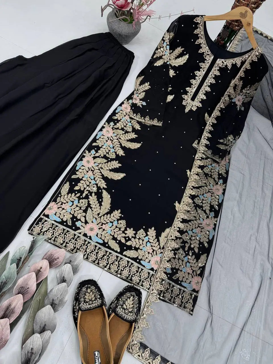 Embroidered Georgette Palazzo Suit with Net Dupatta