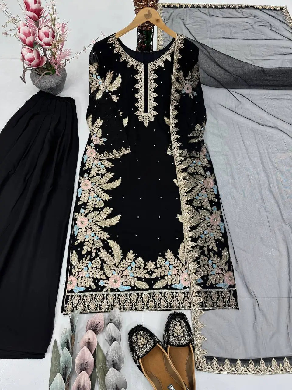 Embroidered Georgette Palazzo Suit with Net Dupatta