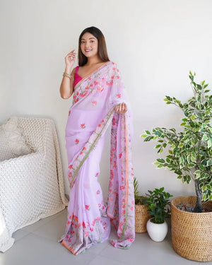 Embroidered Georgette Saree with Contrast Blouse