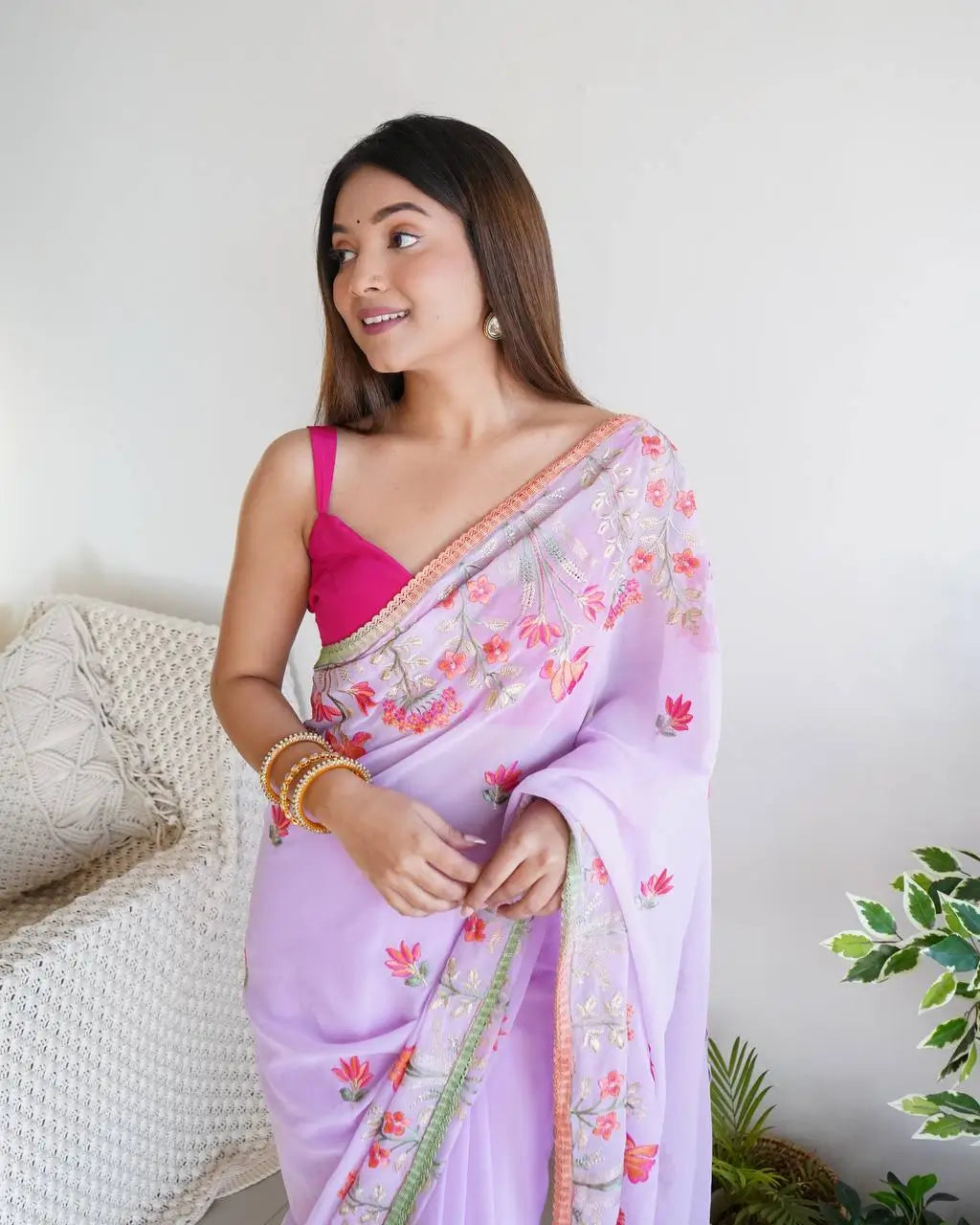 Embroidered Georgette Saree with Contrast Blouse