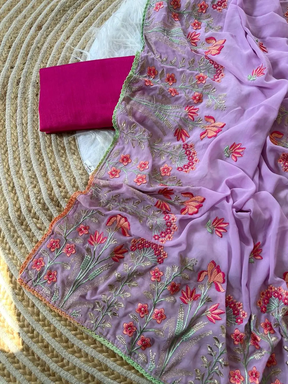 Embroidered Georgette Saree with Contrast Blouse