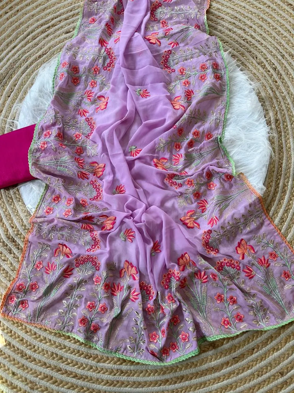 Embroidered Georgette Saree with Contrast Blouse