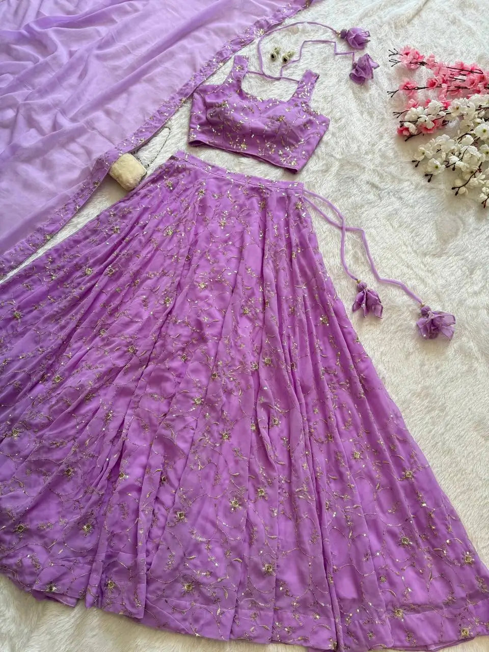 Embroidered Georgette Sequins Lehenga Set with Dupatta