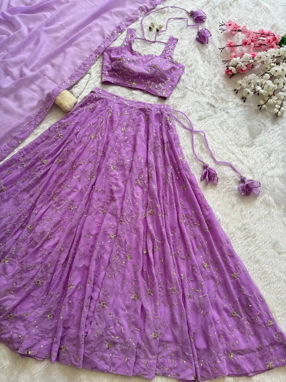 Embroidered Georgette Sequins Lehenga Set with Dupatta