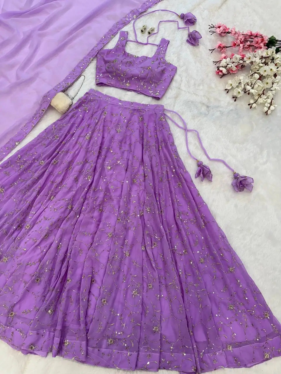 Embroidered Georgette Sequins Lehenga Set with Dupatta